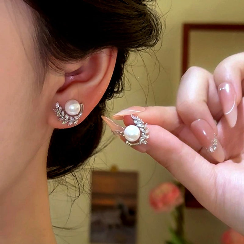 14K Gold-Plated Elegant Zircon Diamond Leaf Pearl Stud Earrings