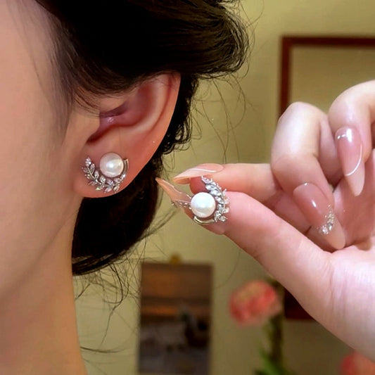 14K Gold-Plated Elegant Zircon Diamond Leaf Pearl Stud Earrings