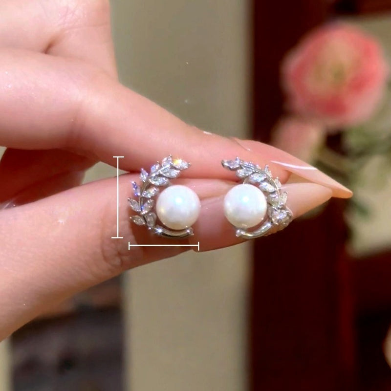 14K Gold-Plated Elegant Zircon Diamond Leaf Pearl Stud Earrings