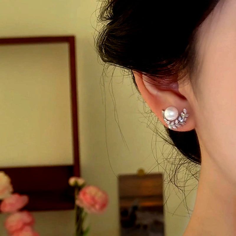14K Gold-Plated Elegant Zircon Diamond Leaf Pearl Stud Earrings