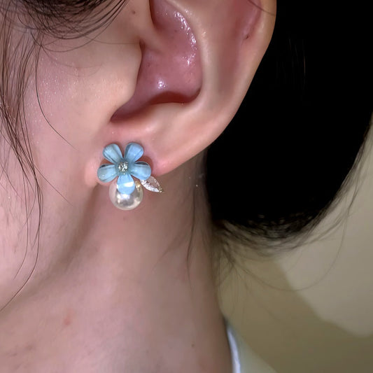14K Gold-Plated Elegant Zircon Diamond Pearl Blue Flower Stud Earrings