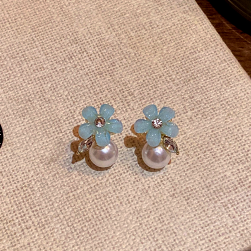 14K Gold-Plated Elegant Zircon Diamond Pearl Blue Flower Stud Earrings