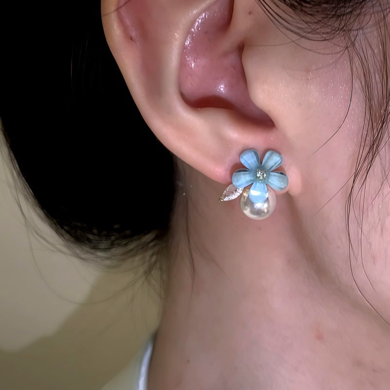 14K Gold-Plated Elegant Zircon Diamond Pearl Blue Flower Stud Earrings