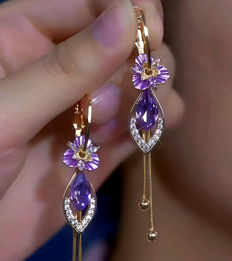 14K Gold-Plated Elegant Zircon Diamond Purple Diamond Flower Earrings
