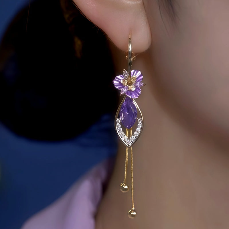 14K Gold-Plated Elegant Zircon Diamond Purple Diamond Flower Earrings