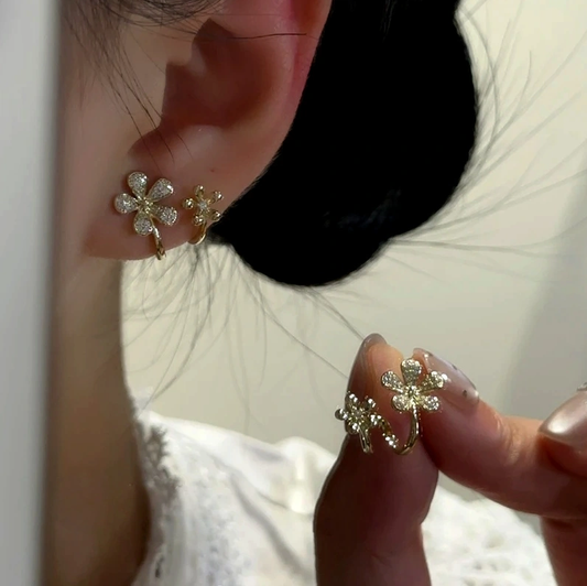 14K Gold-Plated Elegant Zircon Double-Flower Stud Earrings