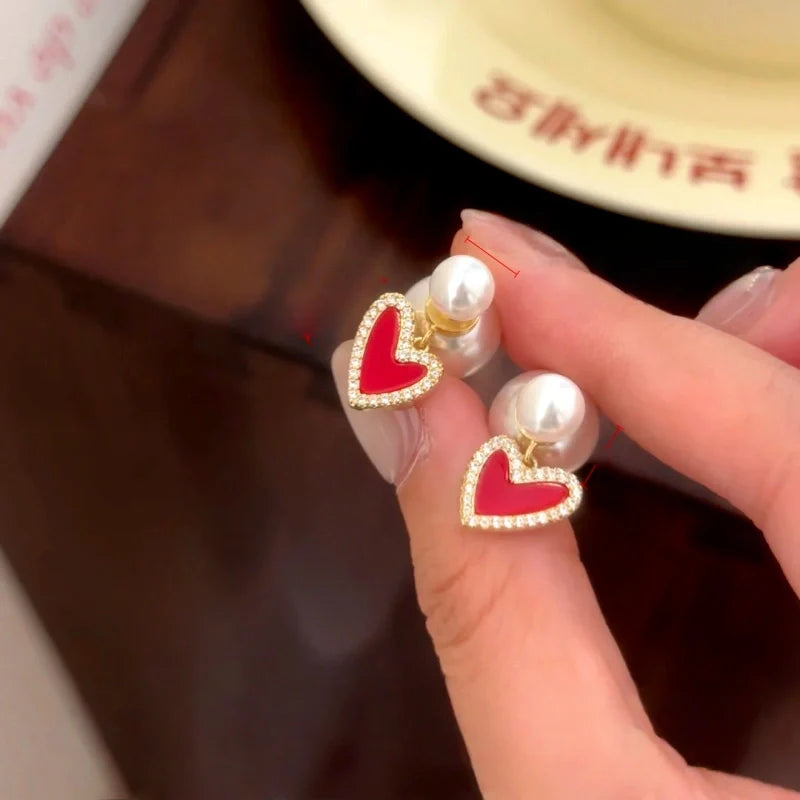 14K Gold-Plated Elegant Zircon Red Heart Bead Earrings