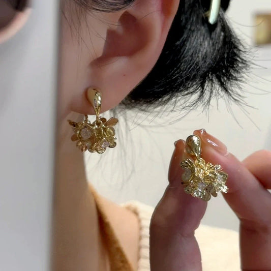 14K Gold-Plated Elegant Zircon Tassel Flower Earrings