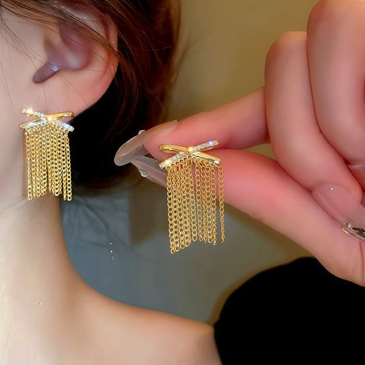 14K Gold-Plated Elegant Zircon X Tassel Earrings