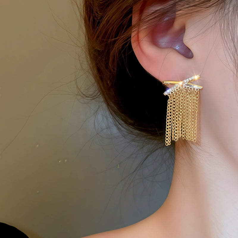 14K Gold-Plated Elegant Zircon X Tassel Earrings