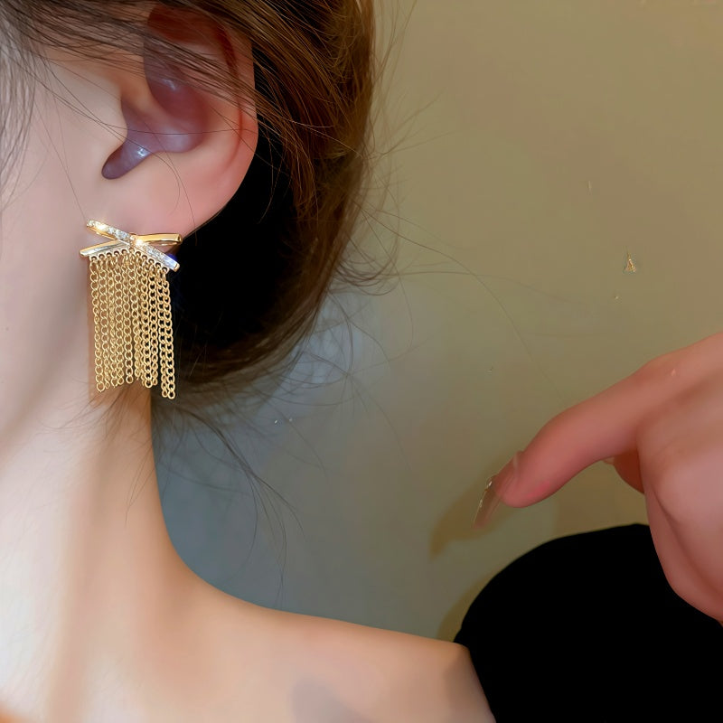 14K Gold-Plated Elegant Zircon X Tassel Earrings