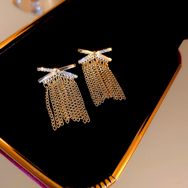 14K Gold-Plated Elegant Zircon X Tassel Earrings