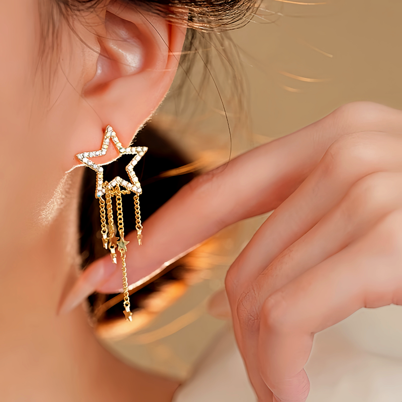 14K Gold-Plated Hollow Five-Pointed Star Tassel Earrings