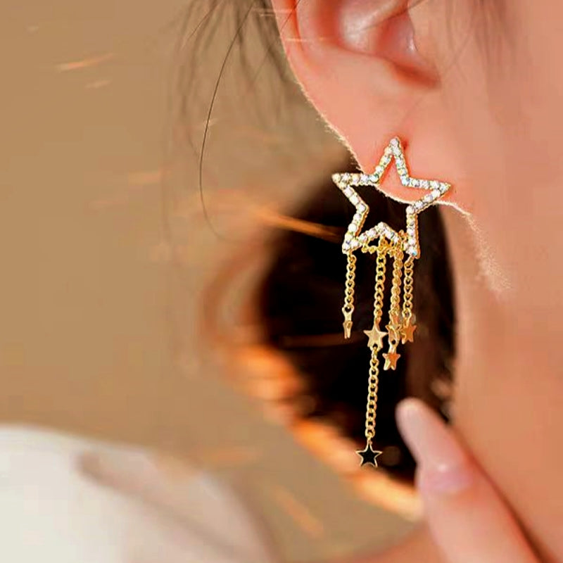 14K Gold-Plated Hollow Five-Pointed Star Tassel Earrings