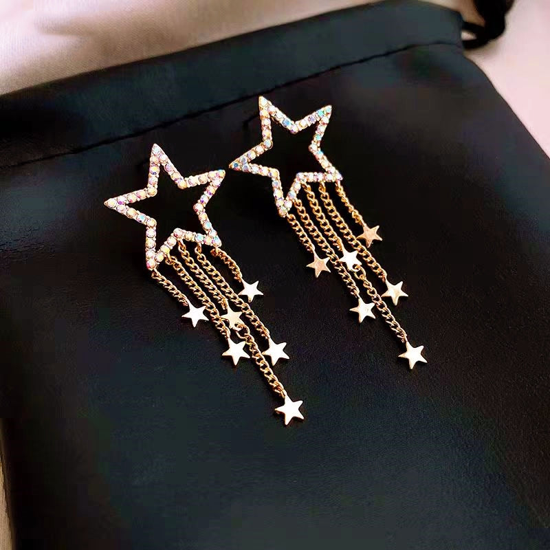 14K Gold-Plated Hollow Five-Pointed Star Tassel Earrings