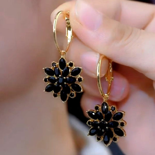 14K Gold-Plated Luxury Black Crystal Flower Earrings