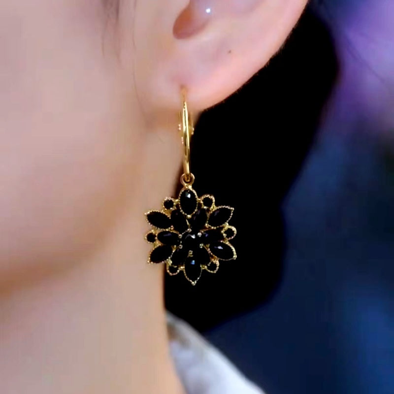 14K Gold-Plated Luxury Black Crystal Flower Earrings