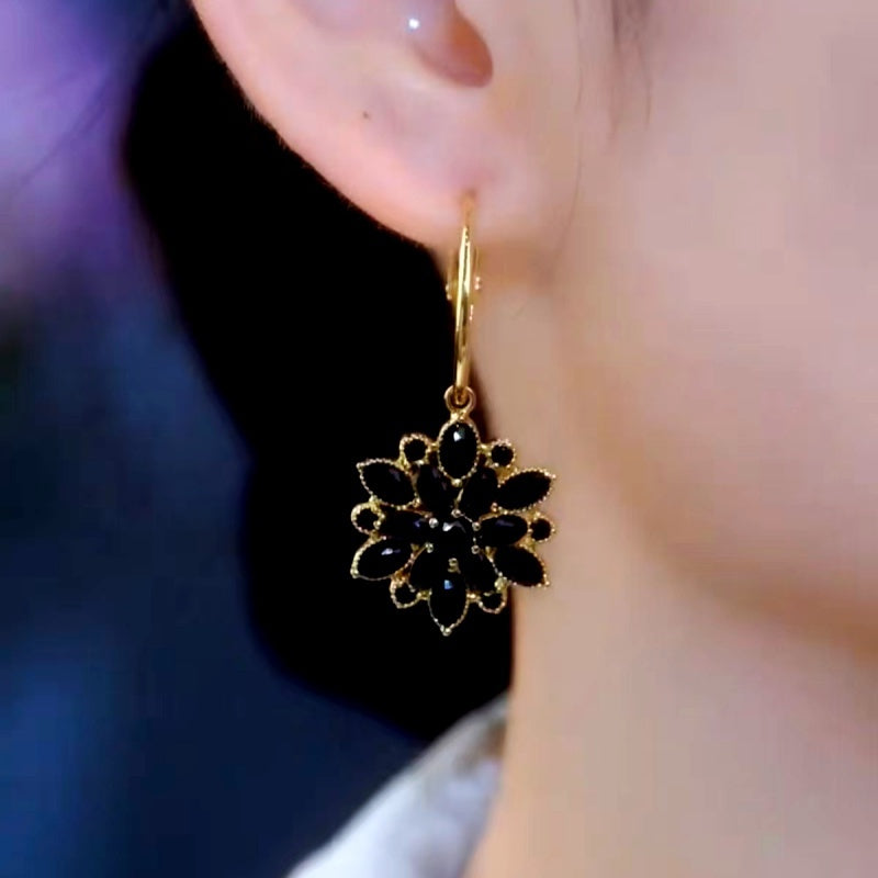 14K Gold-Plated Luxury Black Crystal Flower Earrings