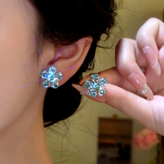 14K Gold-Plated Luxury Blue Crystal Flower Stud Earrings