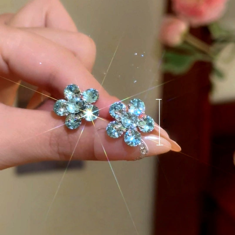14K Gold-Plated Luxury Blue Crystal Flower Stud Earrings