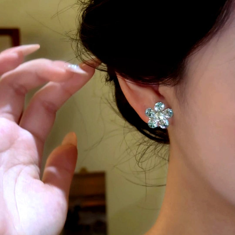 14K Gold-Plated Luxury Blue Crystal Flower Stud Earrings