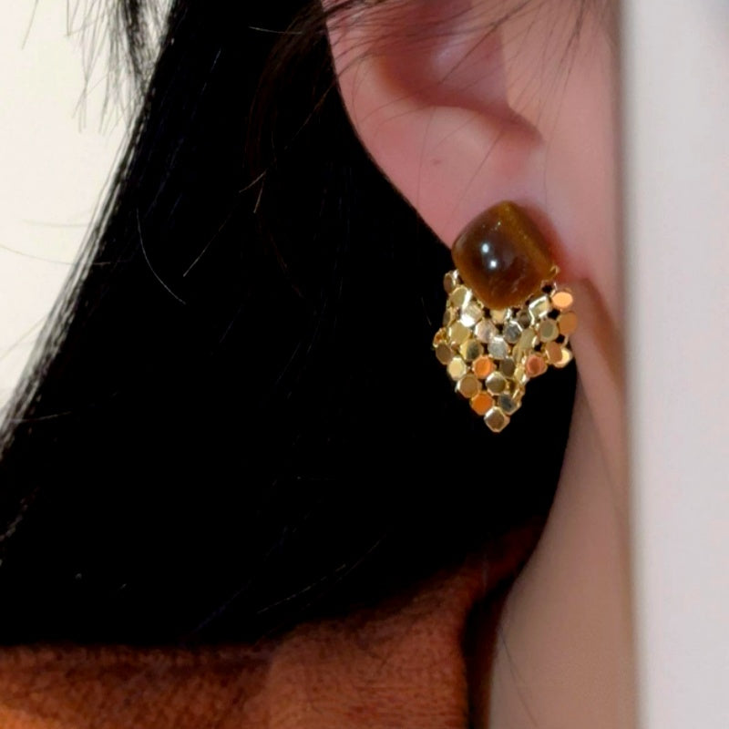 14K Gold-Plated Luxury Cat's Eye Stone Sequined Geometric Square Tassel Earrings