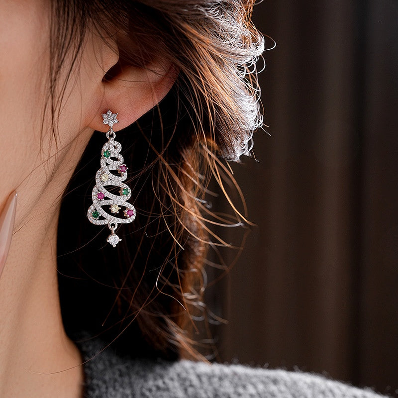 14K Gold-Plated Luxury Colorful Diamond Christmas Tree Earrings