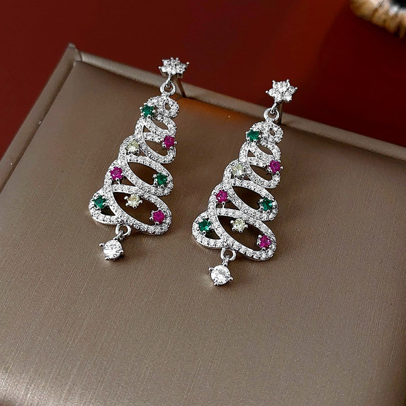 14K Gold-Plated Luxury Colorful Diamond Christmas Tree Earrings