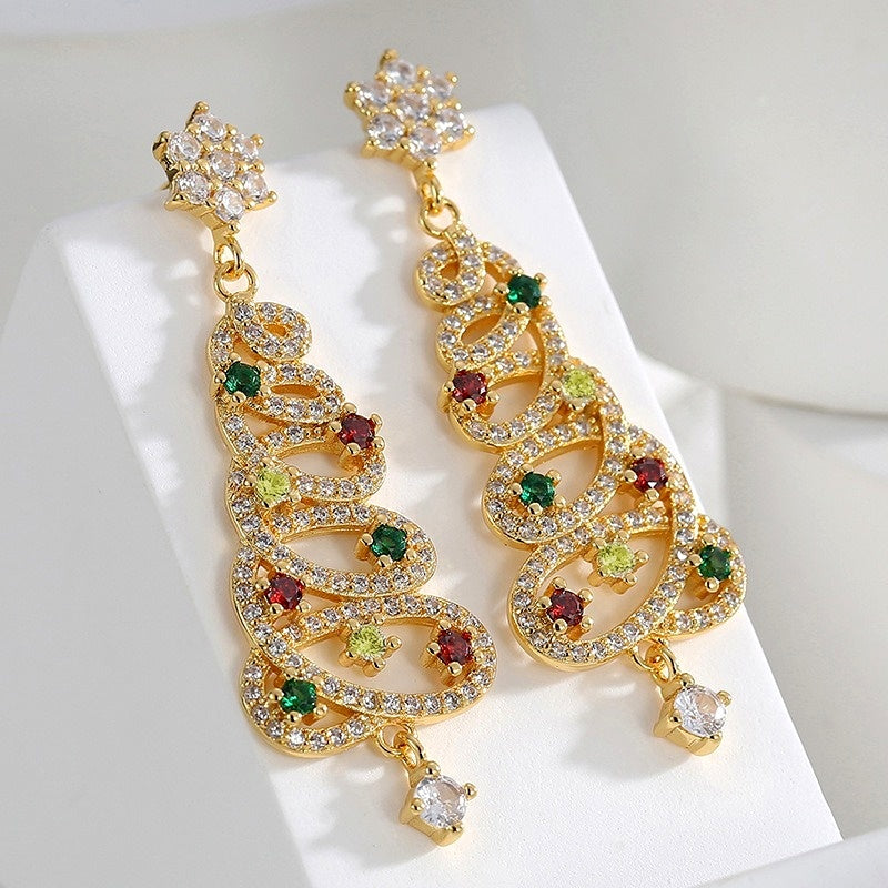 14K Gold-Plated Luxury Colorful Diamond Christmas Tree Earrings
