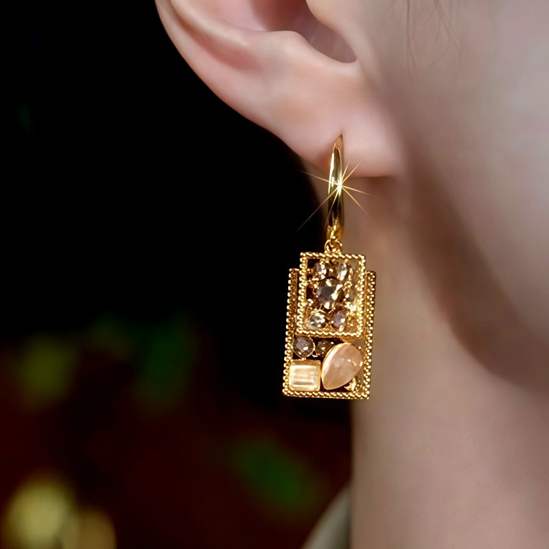 14K Gold-Plated Luxury Double-Layer Brown Diamond Cat's Eye Stone Earrings