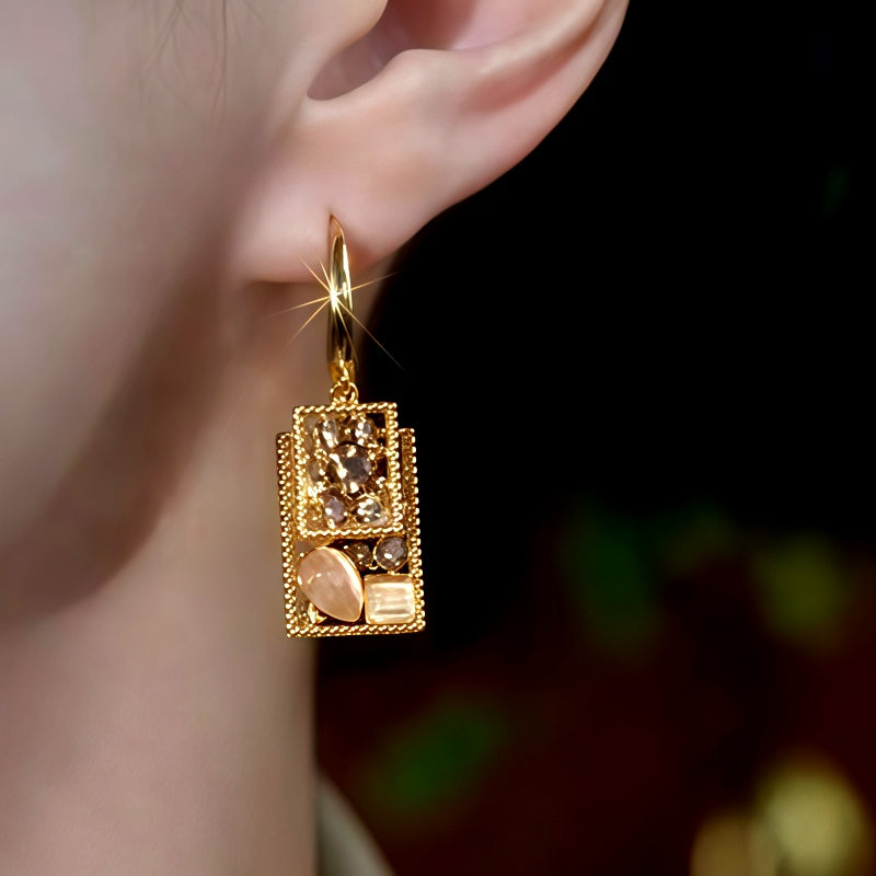 14K Gold-Plated Luxury Double-Layer Brown Diamond Cat's Eye Stone Earrings