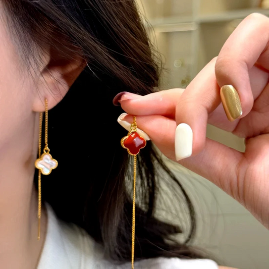 14K Gold-Plated Luxury Four-Leaf Flower Threader Earrings