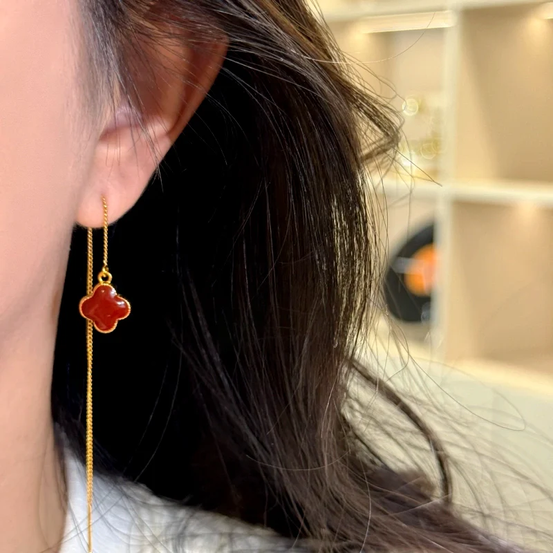 14K Gold-Plated Luxury Four-Leaf Flower Threader Earrings