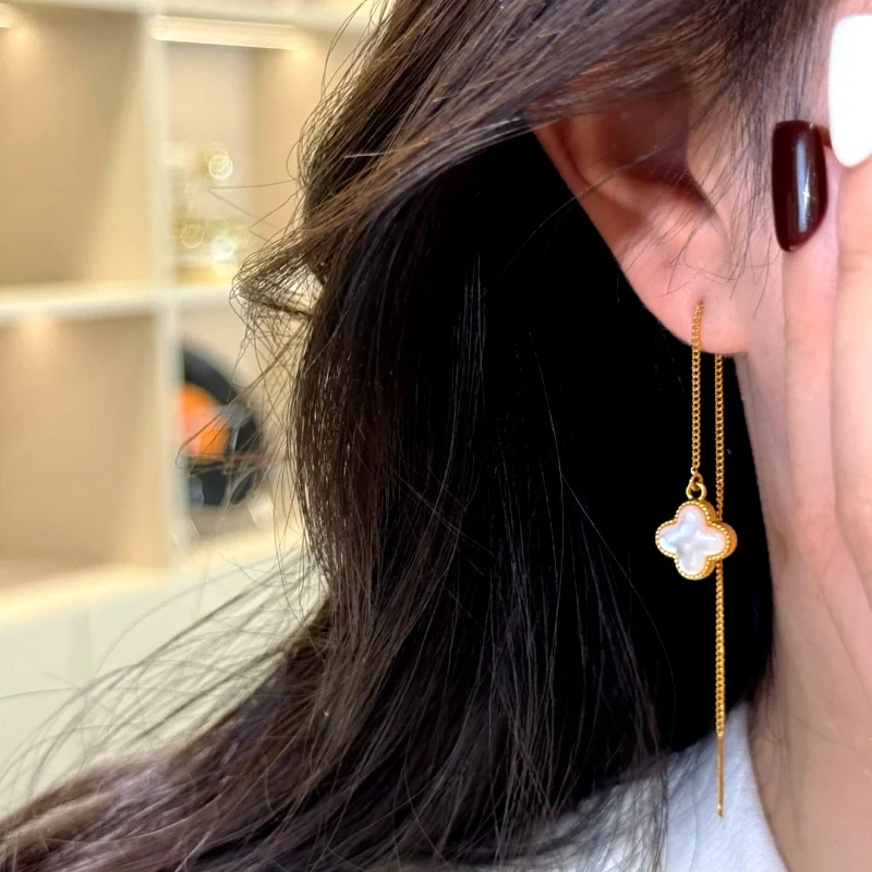 14K Gold-Plated Luxury Four-Leaf Flower Threader Earrings