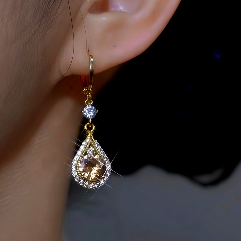 14K Gold-Plated Luxury Zircon Brown Diamond Water Drop Earrings