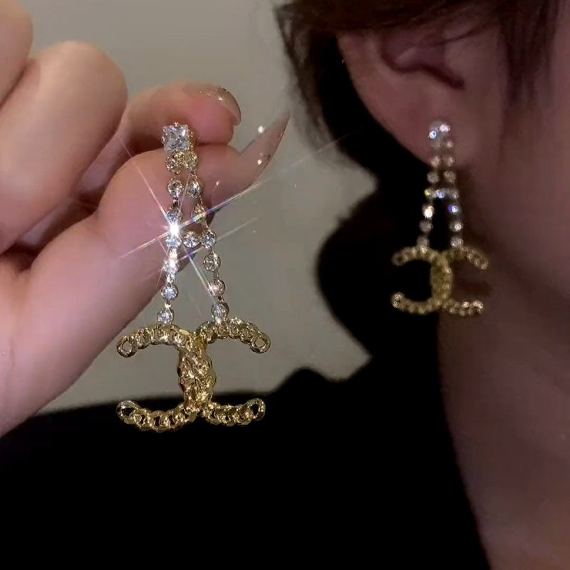 14K Gold-Plated Luxury Zircon Diamond C-Shaped Earrings