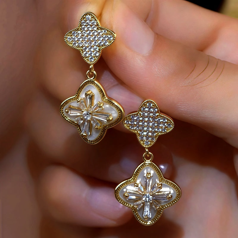 14K Gold-Plated Luxury Zircon Diamond Clover Earrings