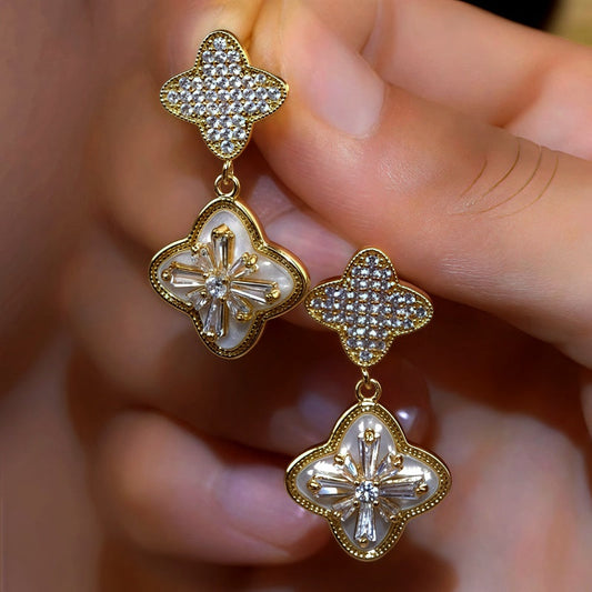 14K Gold-Plated Luxury Zircon Diamond Clover Earrings