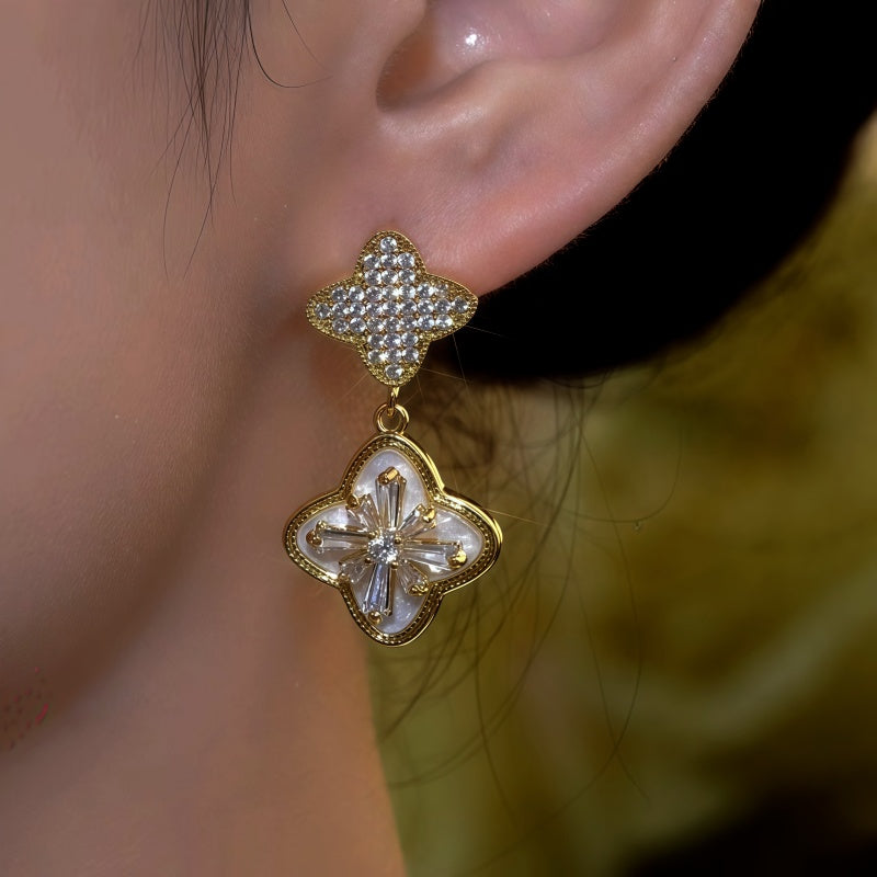 14K Gold-Plated Luxury Zircon Diamond Clover Earrings