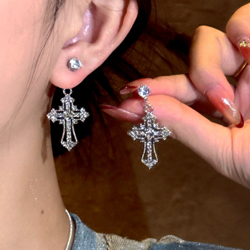 14K Gold-Plated Luxury Zircon Diamond Cross Earrings