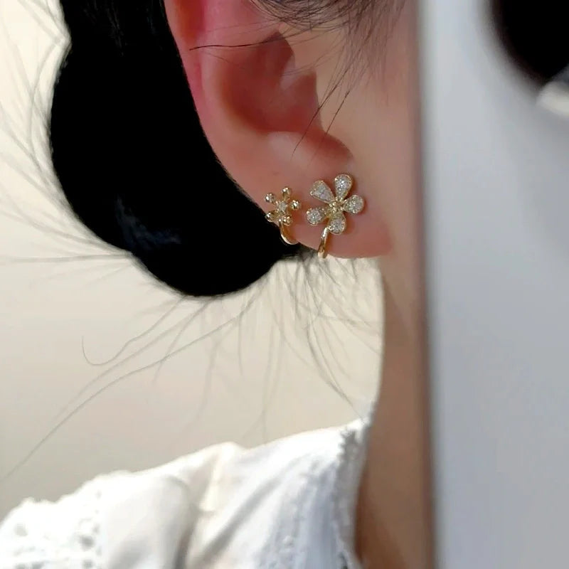 14K Gold-Plated Luxury Zircon Diamond Double-Layer Flower Stud Earrings