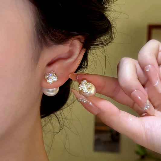 14K Gold-Plated Luxury Zircon Diamond Four Leaf Flower Bead Jacket Earrings