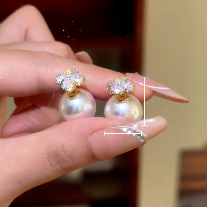 14K Gold-Plated Luxury Zircon Diamond Four Leaf Flower Bead Jacket Earrings