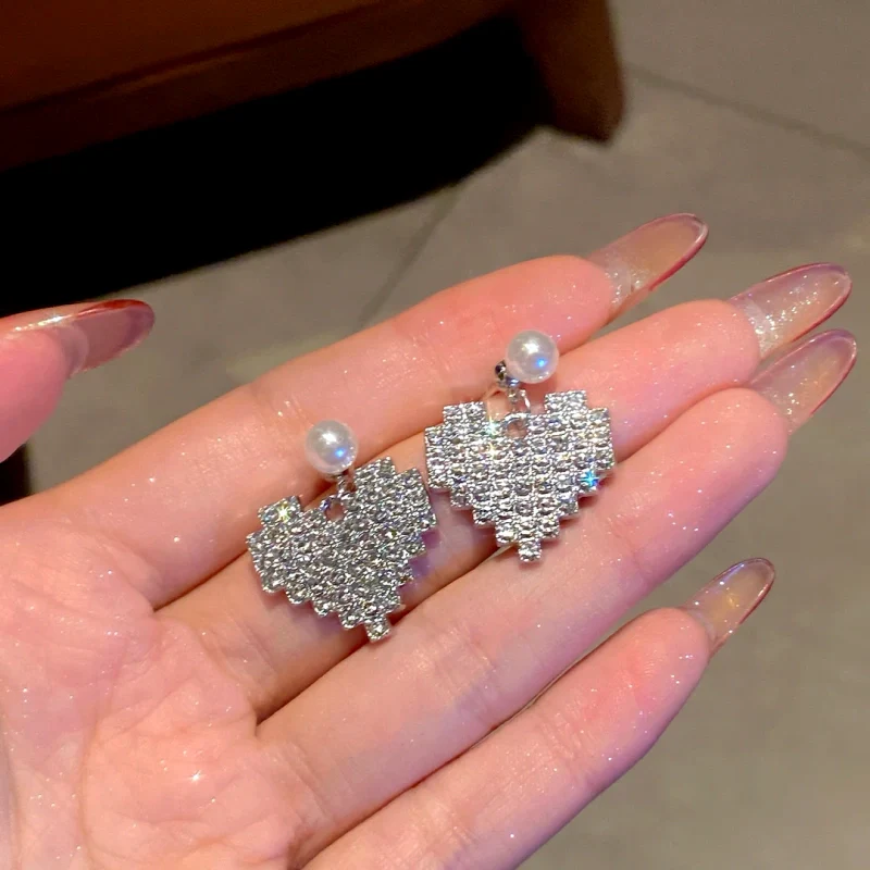 14K Gold-Plated Luxury Zircon Diamond Heart Pearl Earrings