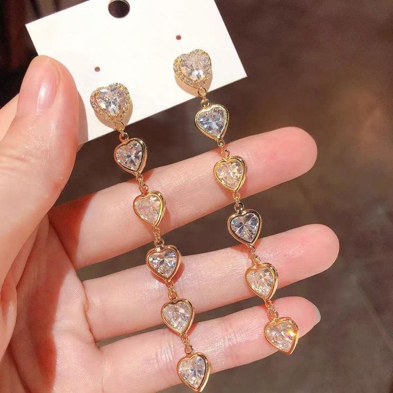 14K Gold-Plated Luxury Zircon Diamond Heart Tassel Earrings