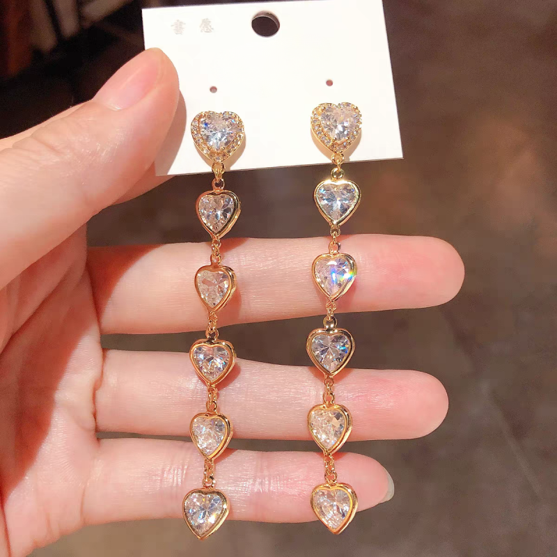 14K Gold-Plated Luxury Zircon Diamond Heart Tassel Earrings