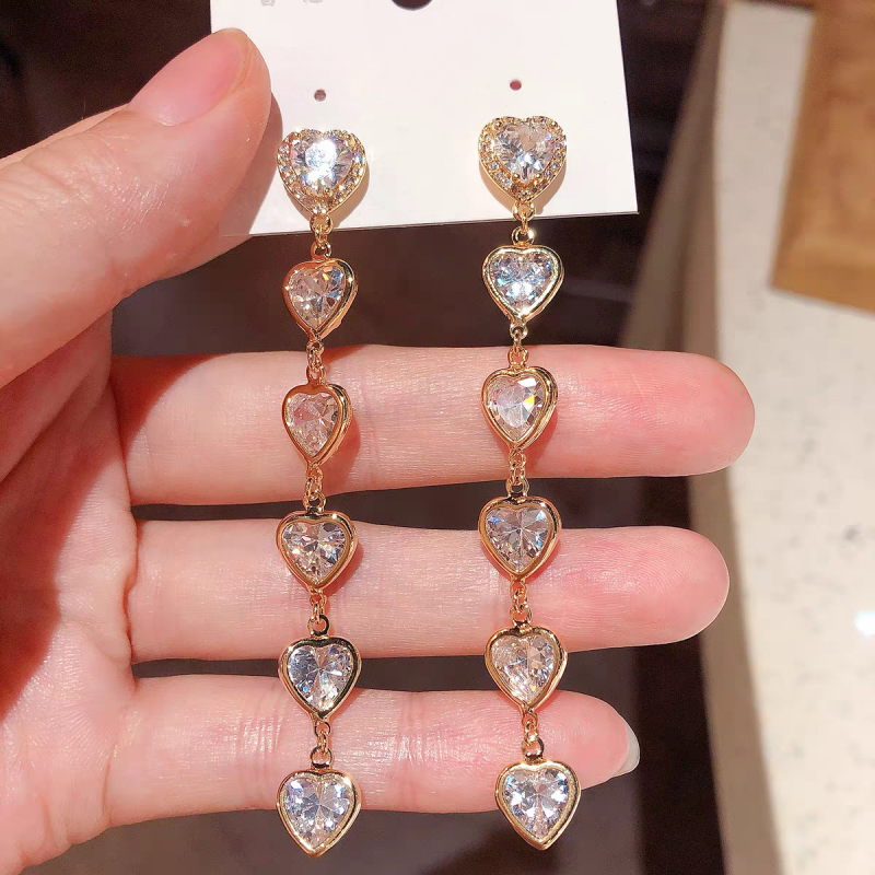 14K Gold-Plated Luxury Zircon Diamond Heart Tassel Earrings