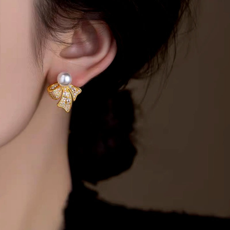 14K Gold-Plated Luxury Zircon Diamond Pearl Bow Earrings
