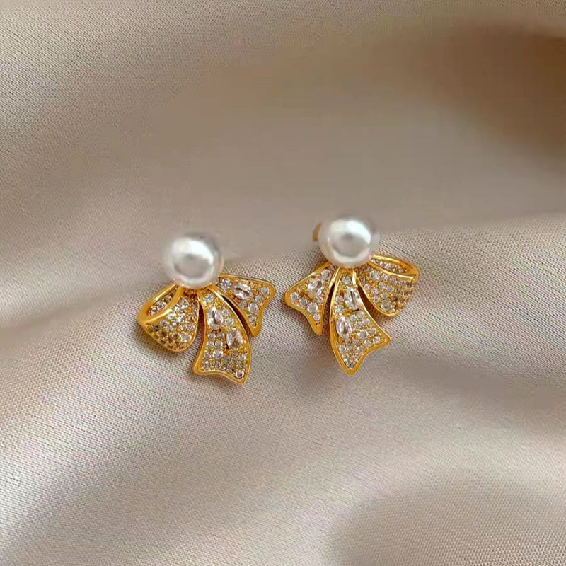 14K Gold-Plated Luxury Zircon Diamond Pearl Bow Earrings
