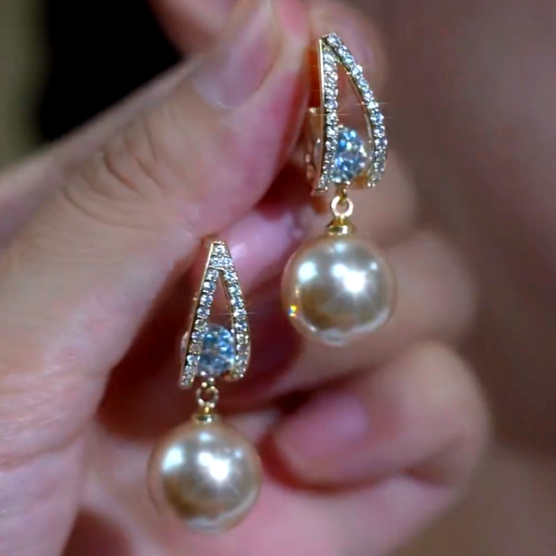 14K Gold-Plated Luxury Zircon Diamond Pearl Earrings